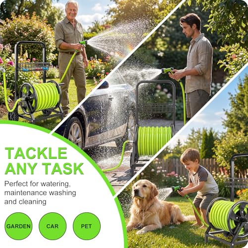 Garden Hose Reel Cart, Heavy Duty Hose Reel with Wheels, Hold Up to 200 ft of 1/2’’ Hose, Mobile Hose Reel Cart for Outside, Metal Water Hose Reel with Storage Basket for Backyard, Garden, Lawn