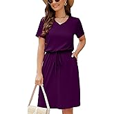 HUSKARY Women Summer Casual Midi Dresses Short Sleeve V Neck Drawstring Knee Length T Shirt Dress with Split and Pocket