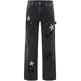 Mens Y2k Star Embroidery Jeans Streetwear High Waisted Loose Denim Pants