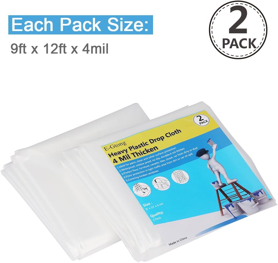 E-Gtong 2-Pack 4 Mil Plastic Drop Cloth, 9-Feet by 12-Feet Waterproof Heavy Duty Clear Plastic Tarp, Plastic Painting Tarp, Plastic Sheeting for Furniture, Wall Painting, Patio - - 