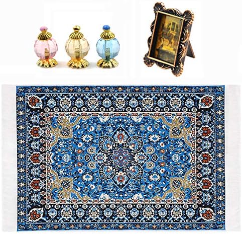 Dengguoli 1:12 Doll House Rug Starry Night Floral Print Vintage Woven Carpet Mini Retro Photo Frame Dollhouse Miniature Perfume