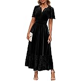 Simplee Women's Formal Velvet Maxi Dress Fall Winter V Neck Floral Short Sleeve Empire Waist Wedding Guest Dresses