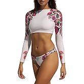 JadeRich Women Long Sleeve Crop Top Two Piece Cheeky High Cut Thong Bikini Swimsuit Floral Rash Guard Bathing