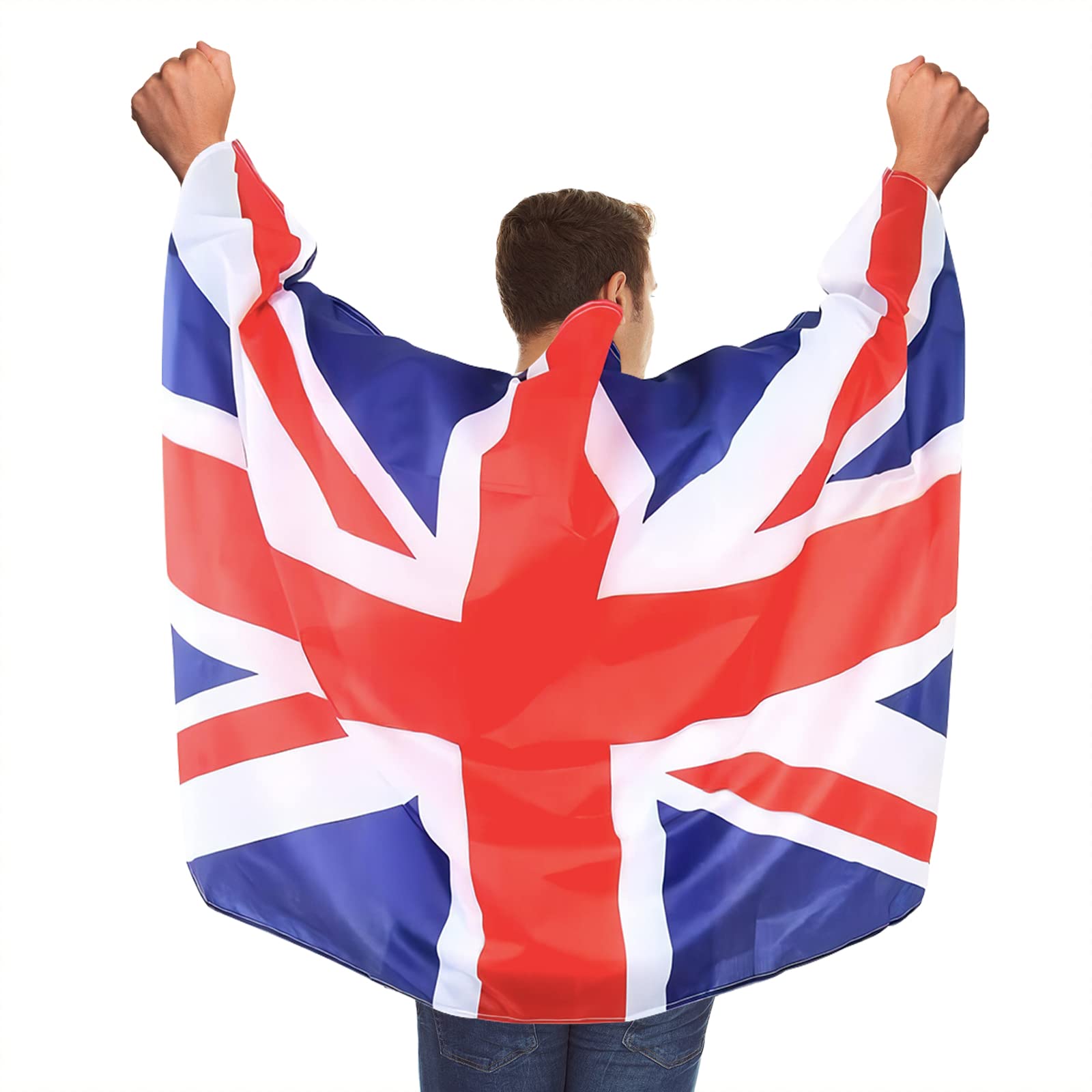 POPOYU 2023 King Charles III Coronation Union Jack Wearable Flag Cape Large, 5ftx3ft British National Fabric with Sleeves for Fans Celebrating UK Royal Street Party Fancy Dress (PPY-FlagCape-UK)