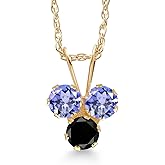 Gem Stone King 14K Yellow Gold Blue Tanzanite and Black Diamond 3-Stone Pendant Necklace For Women (0.40 Cttw, Gemstone December Birthstone, Round 3MM, 18 Inch Chain)