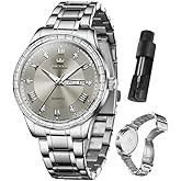 OLEVS Watches for Men with Date Stainless Steel Men Quartz Watches Roman Dial Diamond Classic Business Male Wristwatch Waterproof Luminous Calendar Reloj para Hombr(Gold/Black/Grey/White Dial)