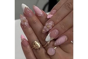 LPOODDNU 3D Pink Press on Nails Almond - Medium French Tip Fake Nails with Embossed Flower&Gold Bead Designs, Glossy Finish Reusable False Nails with Glue Tabs - 24Pcs Nail Kit for Women Manicure