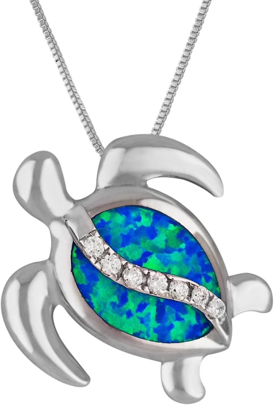 Sterling Silver Synthetic Blue Opal Turtle Pendant Necklace, 16+2" Extender