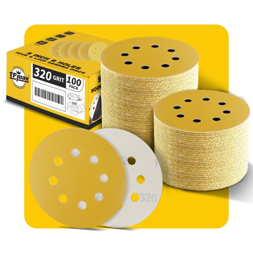 Photo 1 of 100PCS 5 Inch 320 Grit 125mm 8 Hole Sanding Discs Sandpaper - Premium Gold Round Hook and Loop for Random Orbital Sander - Ideal for Wood, Metal, Automotive
