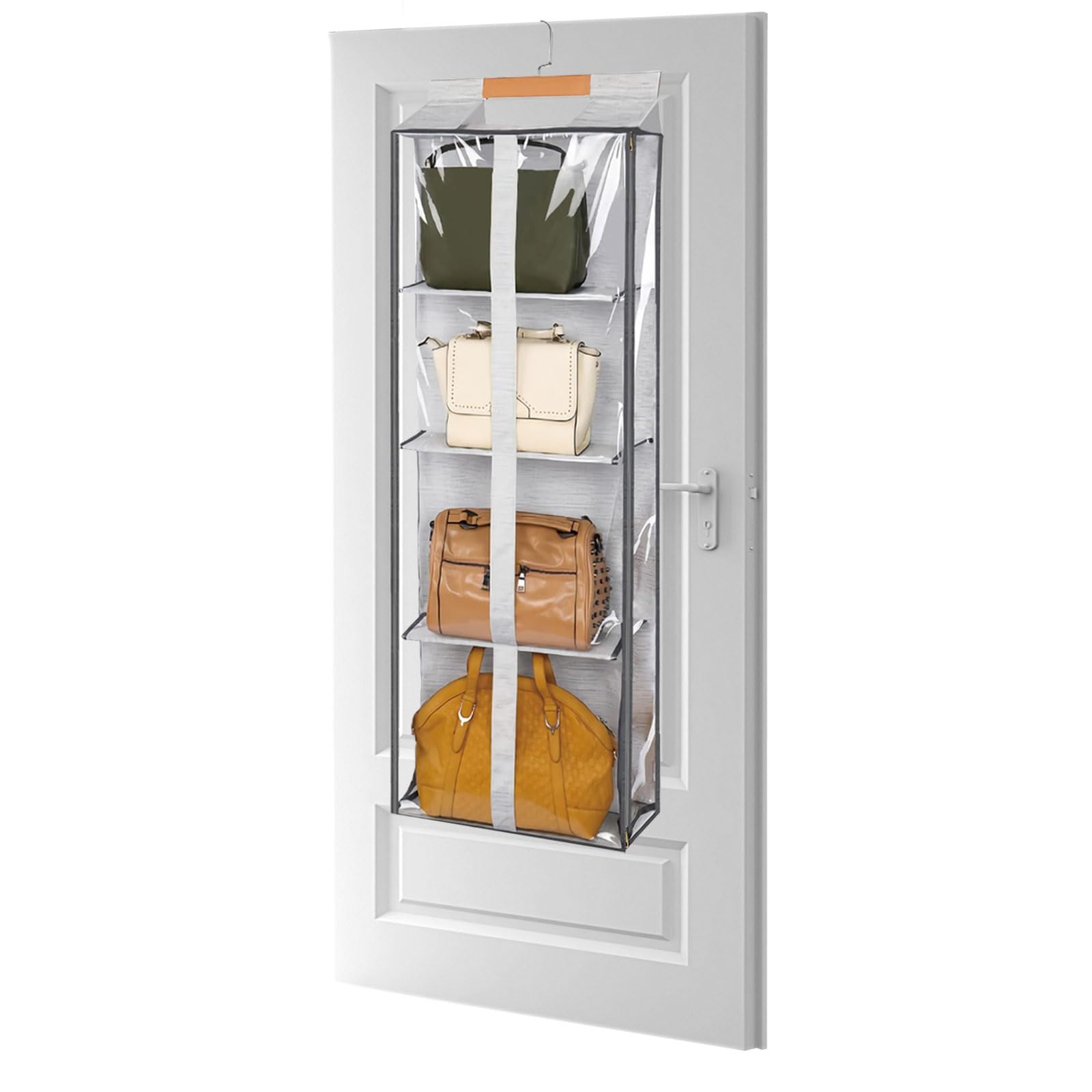 Qivine 4 Layer Handbag Storage Organiser, Clear Hanging Holder Dust Bags for Handbags with Hook, Wardrobe Handbag Storage Hanger Space Saving Shelves for Wardrobe Closet 118.5 x 41cm