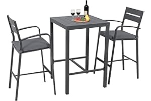 Soleil Jardin Aluminum Outdoor Bar Set, 3-Piece Outdoor Bar Height Table and Chairs Set, Counter Height Bar Stools with Cushions & Slatted High Top Bar Table for Patios, Backyard, Poolside, Dark Grey