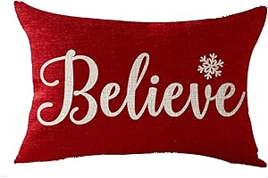 Happy Winter Snowflakes Believe Merry Christmas Holiday Gift Throw Pillow Cover Cushion Case Cotton Linen Material Decorative Lumbar 12X20 inches