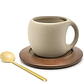 Ceramic Coffee Mug Set with Natural Wood Saucer & Spoon - 8.5 Oz Elegant Tea Cups for Latte, Hot Tea, Cappuccino, Milk - Microwave & Dishwasher Safe Cups for Men Women Birthday Christmas Gifts