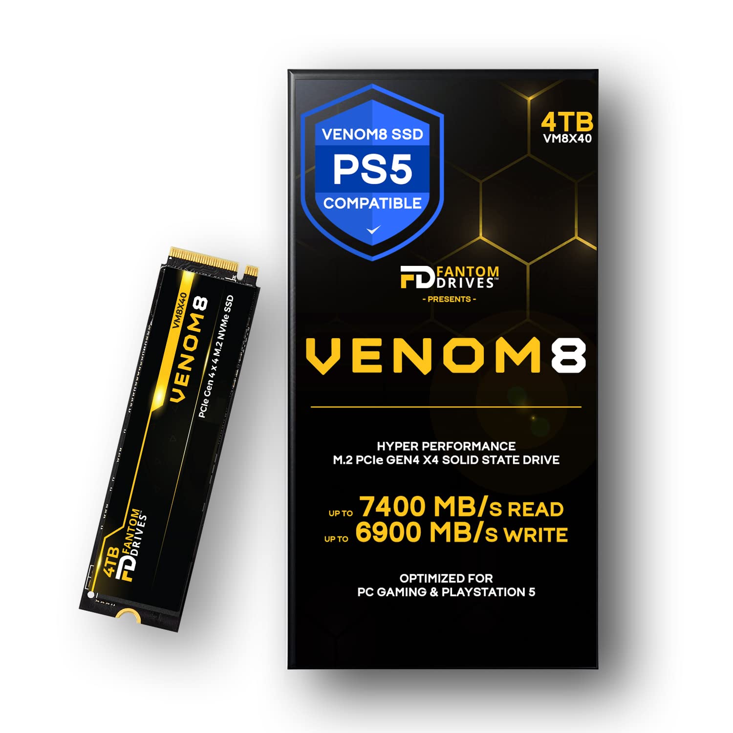 Fantom Drives VENOM8 4TB M.2 SSD - Up to 7400MB/s - NVMe Gen 4 M.2 SSD PS5, Gaming SSD for PC, Laptop, Video Editing - 3D NAND TLC - DDR4 DRAM Cache - Internal NVMe SSD (VM8X40)