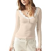 zhaistar Women's Long Sleeve Lace Scoop Neck Shirts Ribbed Casual Slim Fitted Basic Tee Tops