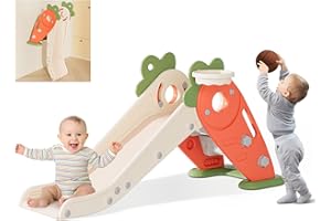 BIERUM Toddler Slide, 3 in 1 Indoor Foldable Kids Slide for Toddlers Age 1-2, Carrot Theme Freestanding Slide, Baby Play Slide, Indoor and Outdoor Playground, Baby Playset with Basketball Hoop Orange
