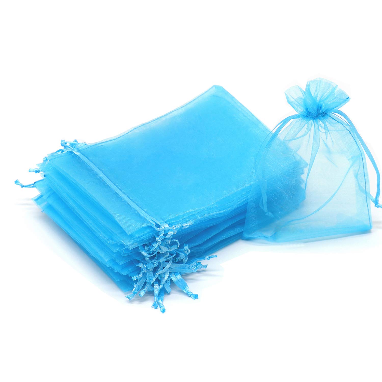 Bezall 100Pcs Lake Blue Organza Bags for Baby Shower, 6x8 inch Sheer Jewelry Gift Pouches with Drawstring Wedding Favor Gift Bags for Christmas, Birthday