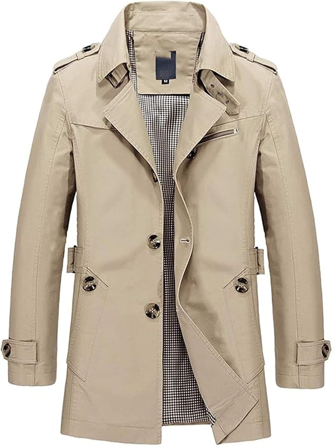 Men's Slim Notched Collar Single Breasted Cotton Jacket Office Trench Coat Amazon.co.uk Clothing