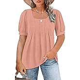 ROSRISS Womens Plus-Size Tops Summer Puff Short Sleeve Scoop Neck Pleated Flowy Shirts