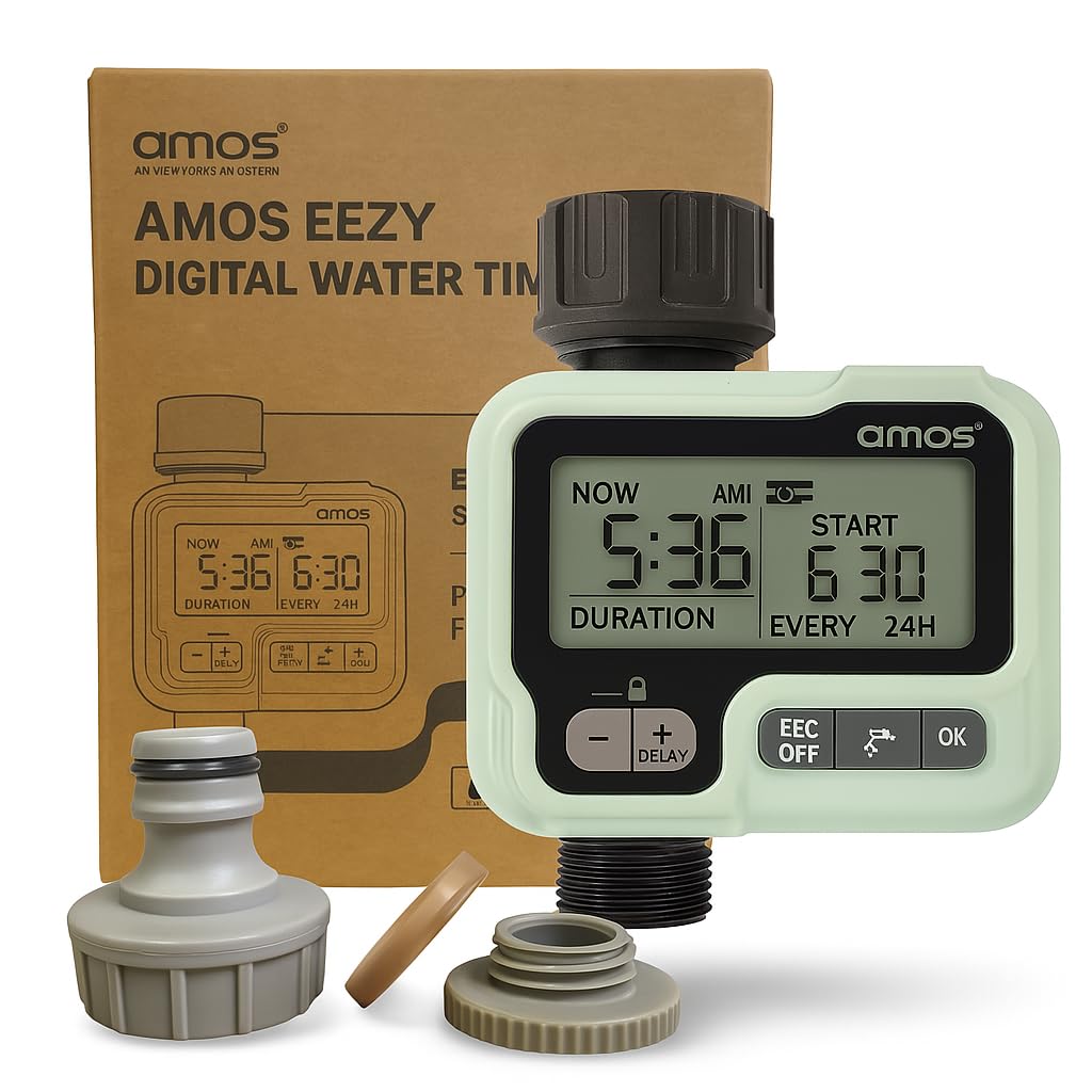 AMOS Digital Water Timer – Programmable Garden Irrigation Controller with LCD, Auto/Manual Modes, Rain Delay, Child Lock – Hose Sprinkler System for Lawn, Plants & Outdoor Watering