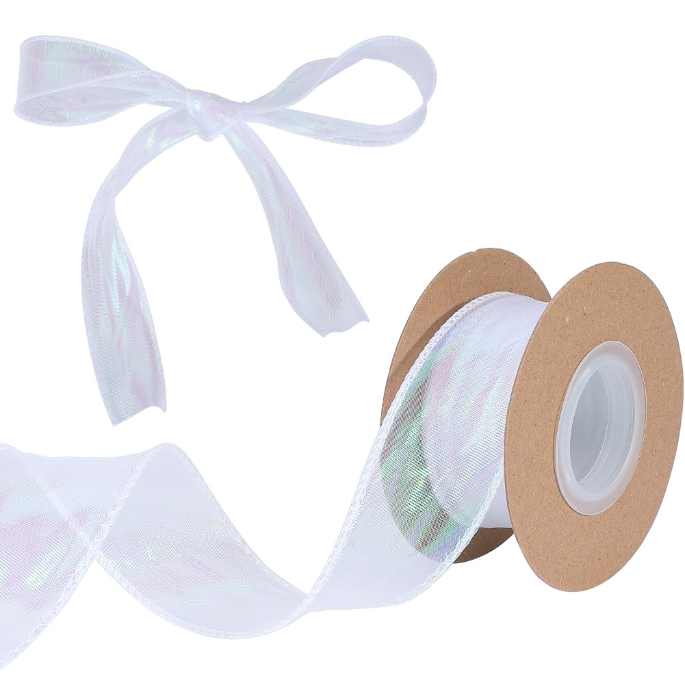 GORGECRAFT 9m Organza Ribbon 4cm Wide Sheer Wired Shimmer Tulle Edge Ribbon Decorative White Fabric for Gift Wrapping Wedding Invitations Floral Bouquet Gift Basket Bows Cake Decor Crafts