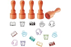 AHANDMAKER 5 Styles Mini Lifestyle Wooden Rubber Stamp, Small Book Alarm Clock Camera Coffee Cup Headphone Patterns Stamps fo