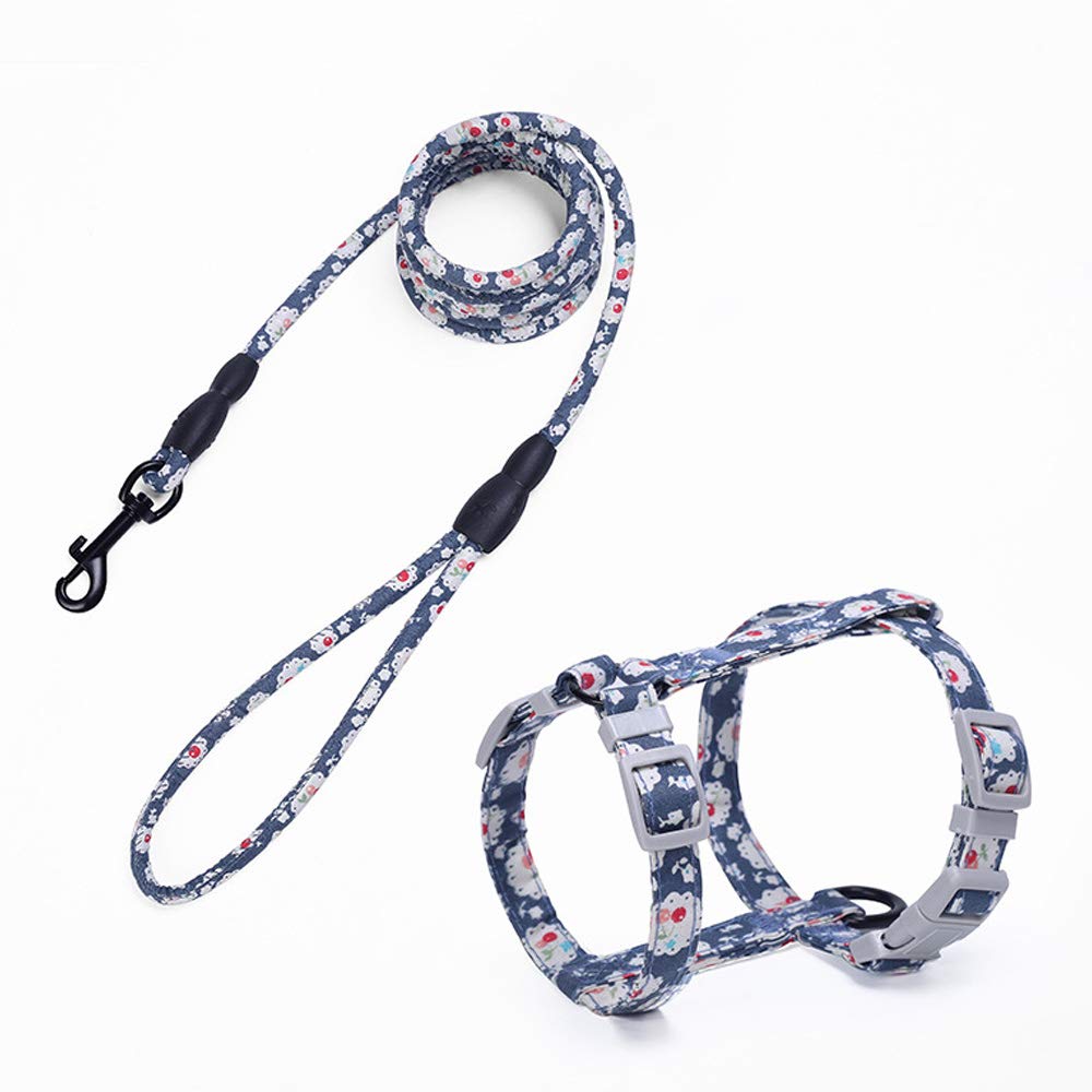 Lichi New Navy Blue Floral Cats Lead and Harness Set for Medium Dogs Soft Leads Strong Pet Leash-01M