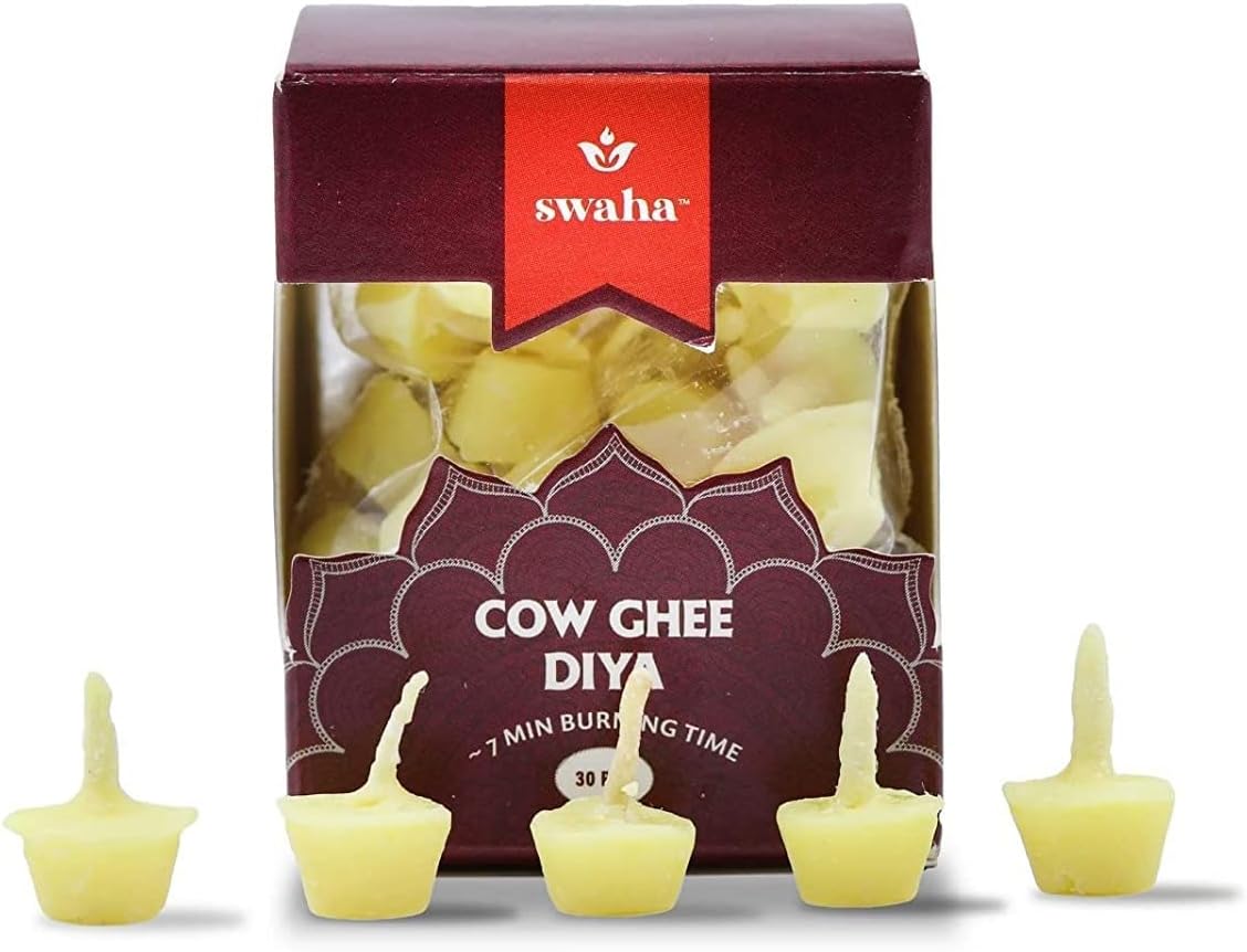 Oil Lamps & Accessories - Swaha Cow Ghee Wicks/Diya Batti, 30 Pieces, 7 min Burning Time, Wax Free Cow Ghee Wicks for Puja, Yoga & Meditation
