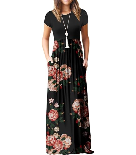 grecerelle maxi dress Women's Short Sleeve Casual V Neck High Waist Long Dresses with Pockets, Black, Small at Amazon Women's Clothing store Formal Wear for Men junior dresses Color:Style B