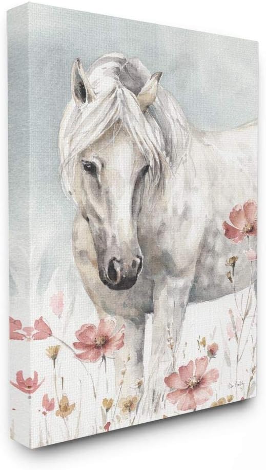 Paintings - Stupell Industries Beautiful Horse Pink Flower Animal Watercolor Painting Canvas Wall Art, 36 x 48, Multi-Color