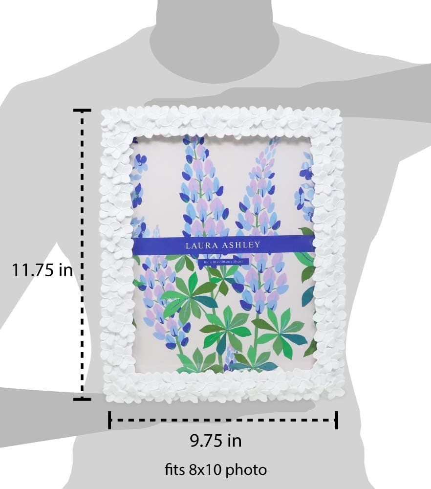 Laura Ashley 8x10 White Flower Textured Hand-Crafted Resin Picture Frame w/ Easel & Hook for Tabletop & Wall Display, Decorative Floral Design Home Décor, Photo Gallery, Art (8x10, White) -