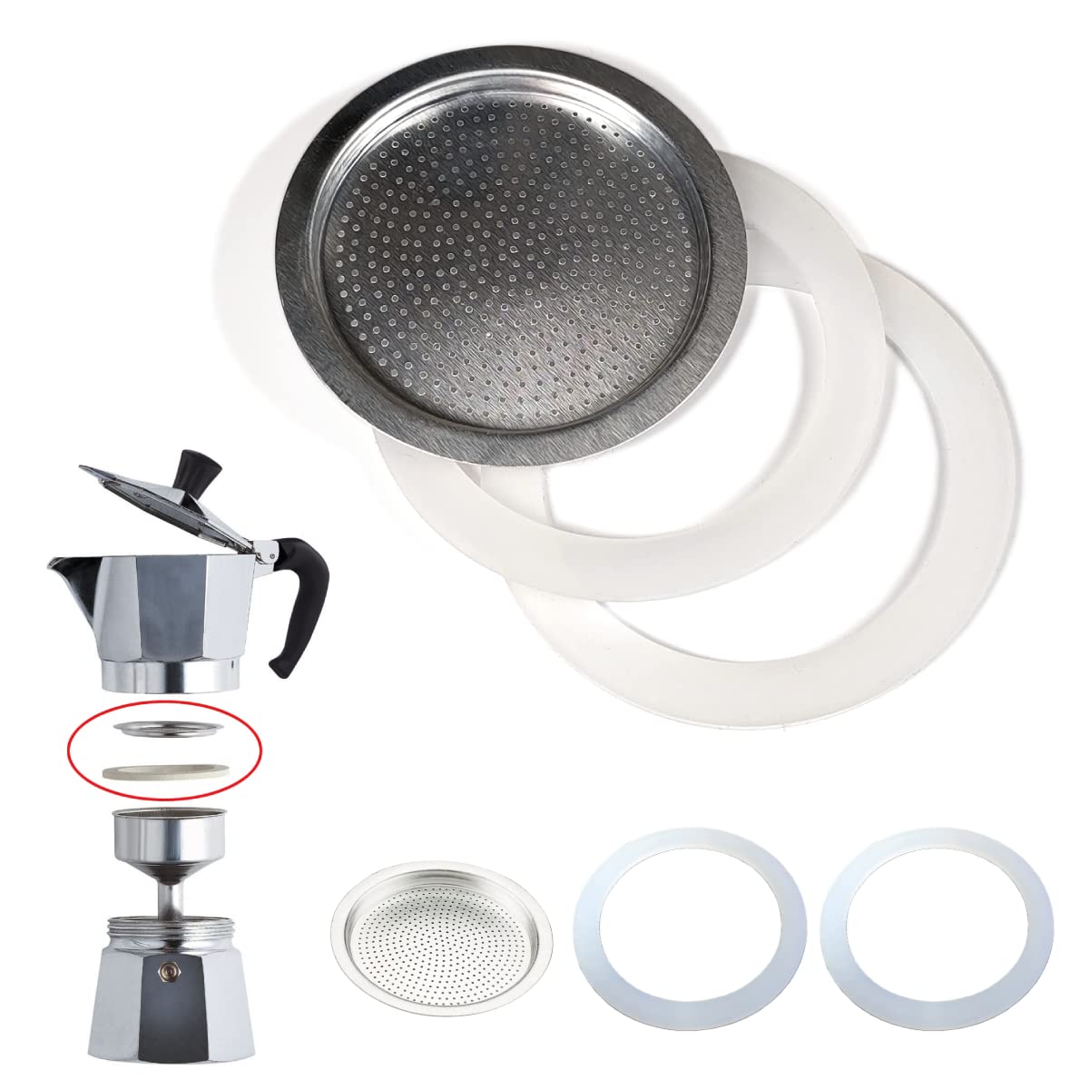 World Trade Espresso Filter (1/2 Cup), Stainless Steel, Compatible with Moka of Various Brands, 2x Silicone Seals + 1x Steel Filter