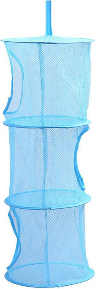 Foldable Round Mesh Hanging Organizer Net 3 Shelf Compartments Tier Kids Toy Storage Cage Space Saving Clothes Basket Bags Bathroom Wardrope Wall Door Closet (Blue)