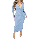 Fastkoala Women's Sexy Ribbed Bodycon Dress Solid Color Long Sleeve Slim Fit Midi Lilac Night Club Party Dresses