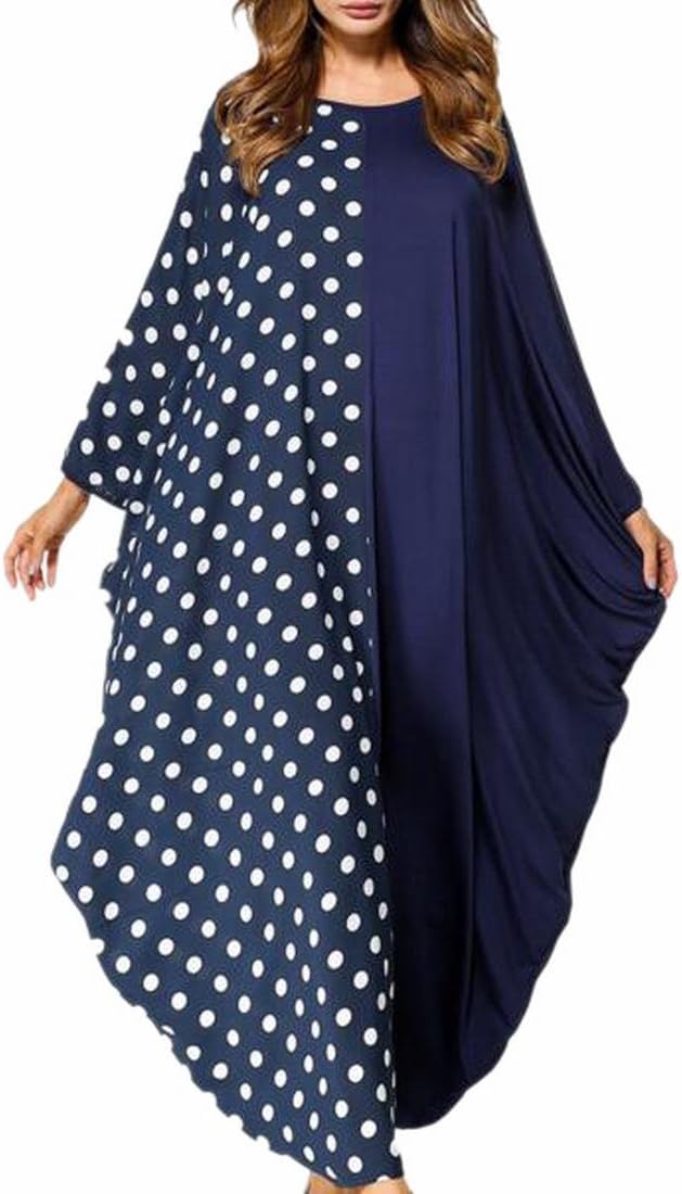Generic Womens Polka Dot Patchwork Dubai Long Sleeve Batwing Maxi Dress