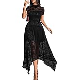 GothDark Womens Black Floral Lace Midi Dress Mock Neck Irregular Hem Spliced Double-Layered Elegant Gothic Fromal Dresses