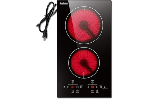 Karinear 2 Burners Electric Cooktop, 120v Plug in Ceramic Cooktop, 12 Inch Countertop & Built-in Electric Stove Top with Chil