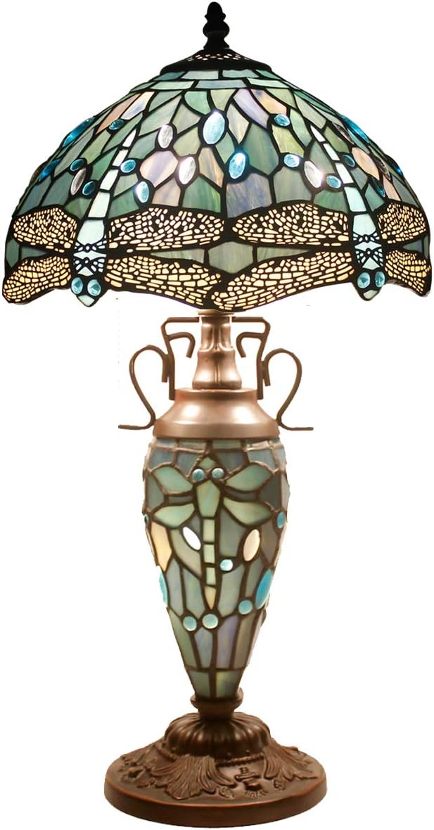 WERFACTORY Tiffany Table Lamp Sea Blue Stained Glass Dragonfly Style 12X12X22 Inches Mother-Daughter Vase Desk Reading Light Decor Bedroom Living Room Home Office S147 Series…