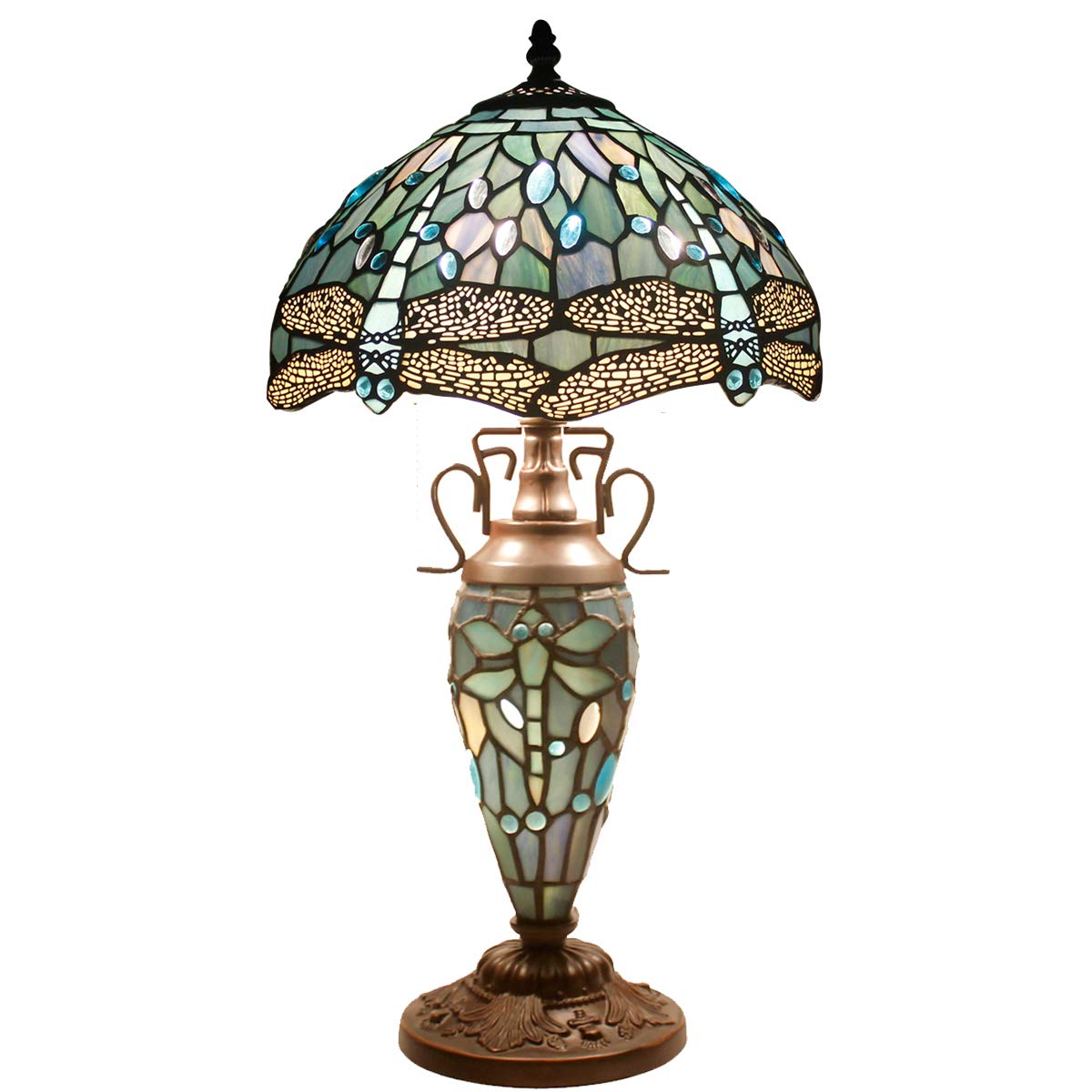 WERFACTORY Tiffany Table Lamp Sea Blue Stained Glass Dragonfly Style 12X12X22 Inches Mother-Daughter Vase Desk Reading Light Decor Bedroom Living Room Home Office S147 Series…