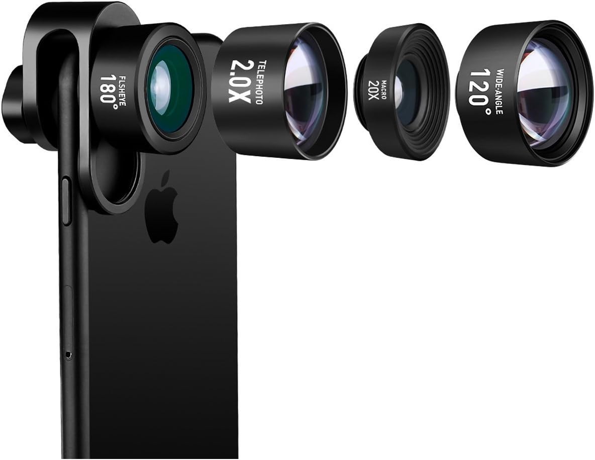 Cell Phone Camera Lens, Jopree 4 in 1 Camera Lens Kit, 20X Macro Lens, 2.0X Zoom Telephoto Lens, 120°Wide Angle Lens, 180°Fisheye Lens, Universal Lens for All Smart Phone (Samsung & Other Smartphones)
