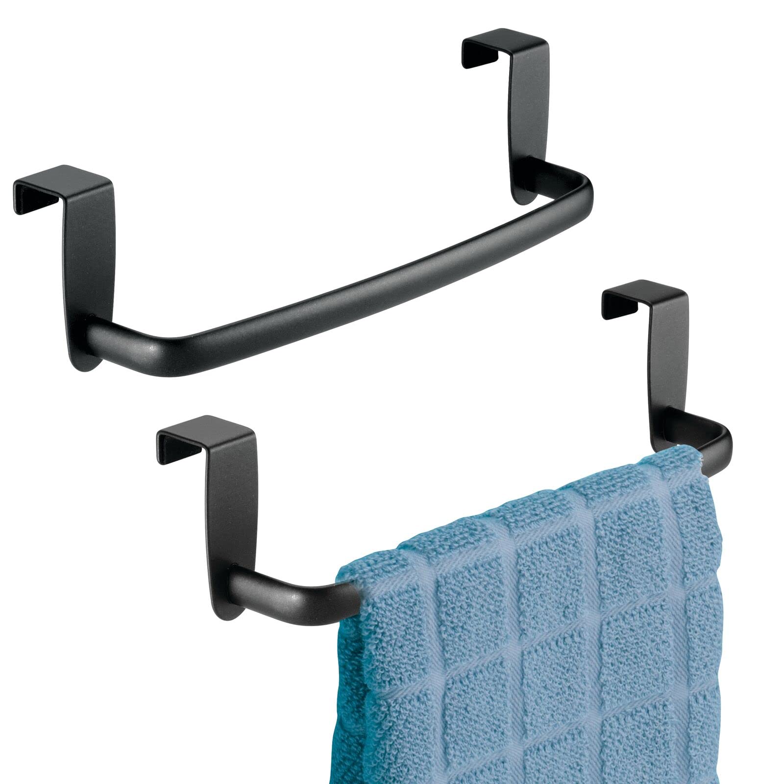 mDesign Tea Towel Holder - Over Door Towel Rail with No Drilling Required - Kitchen Towel Holder - Storage for Kitchens and Bathrooms - Pack of 2 - Matte Black