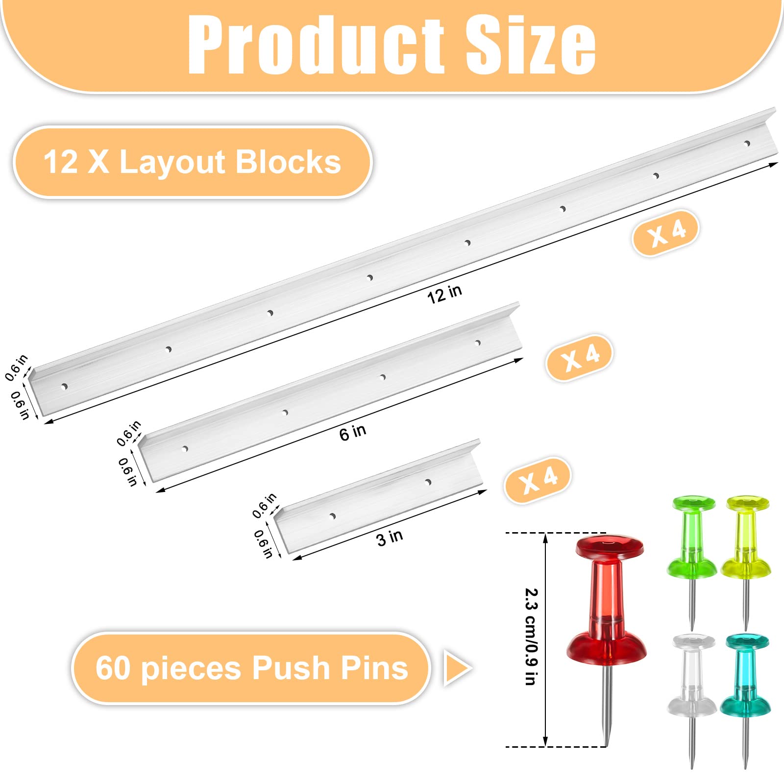 12 Pcs Stained Glass Supplies Layout Block System 12 Inch 6 Inch 3 Inch for Stained Glass Panels with 60 Mix Color Push Pins Tools, 3 Sizes