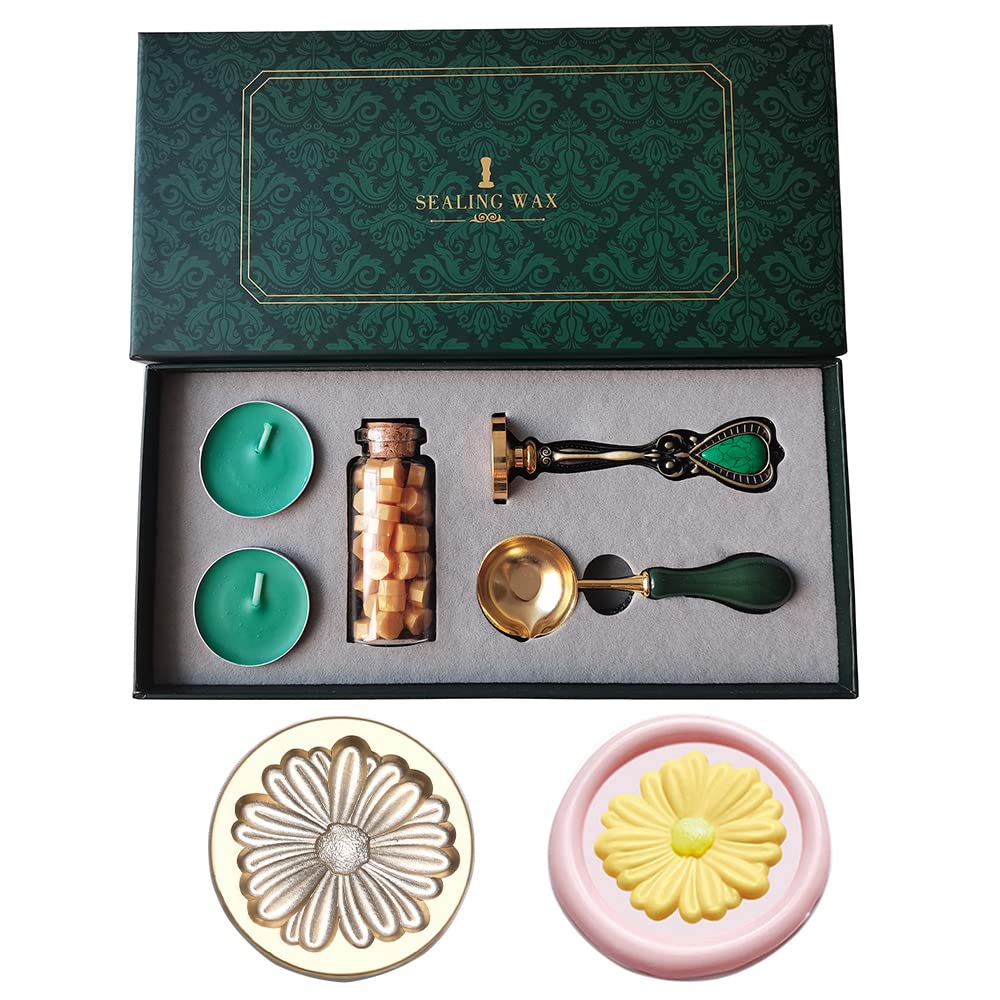 PORXFLY Wax Seal Stamp Set,Vintage Personalized European style Wax Seal Stamp Kit Gift Box Set for Wedding Invitations, Letters,Wine Packages,Cards Envelopes, Gift Wrapping (Chrysanthemum)