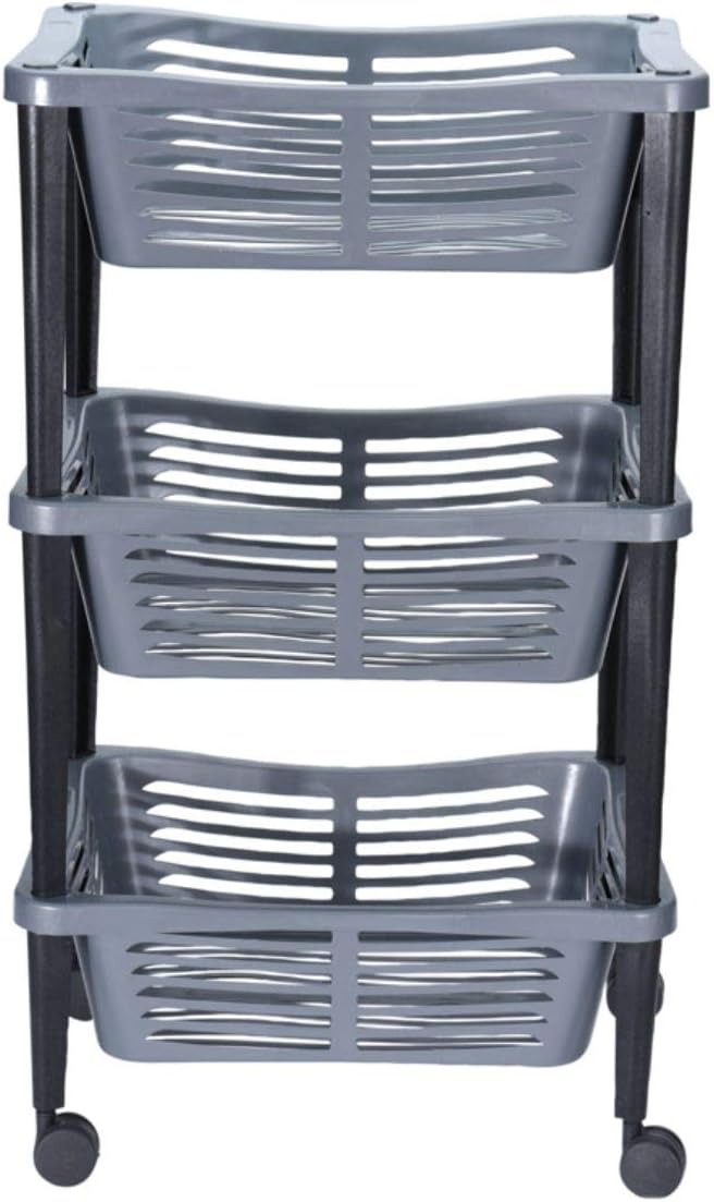 EXCELLENT HOUSEWARES 3 Tier Plastic Stacking Storage Basket Trolley on Wheels (Dark Grey)