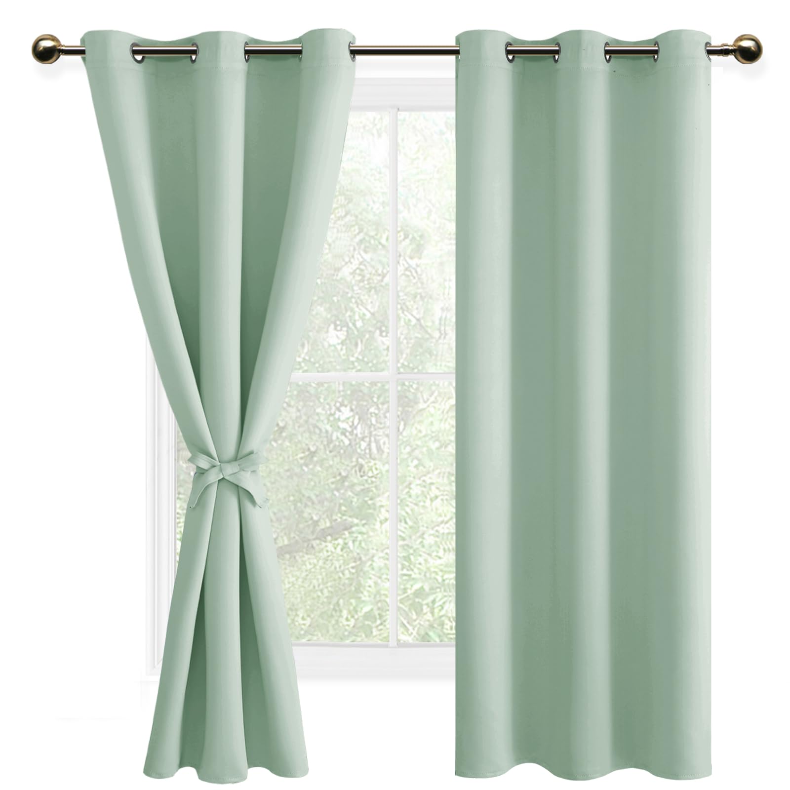 DWCN Blackout Curtains with Tiebacks for Bedroom Thermal Insulated Solid Eyelet Curtains for Living Room,2 Panels,46" Wide x 72" Drop Bean Green