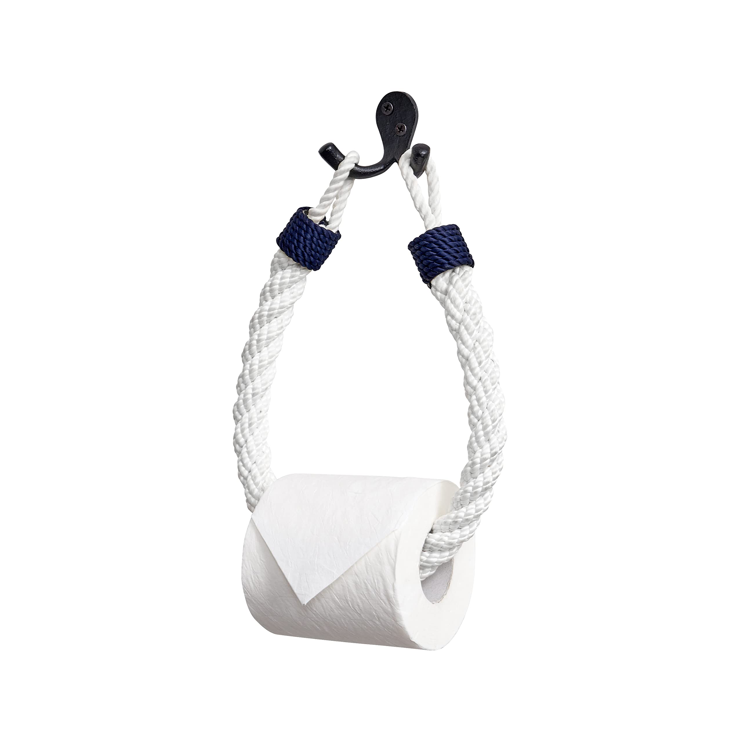 Assorted Collections Rope Toilet Roll Holder | Wall Mounted Jute Towel Holder with White Knots | Rustic Bohemian Nautical Bathroom Accessory | Easy to Install (Navy Blue Knot)