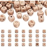 KISSITTY 98pcs Wooden Beads for Crafts Letter Wood Beads Cube Alphabet Beads Large Hole Wood Spacer Beads with Star Heart for Necklaces Bracelet Antique White Letters
