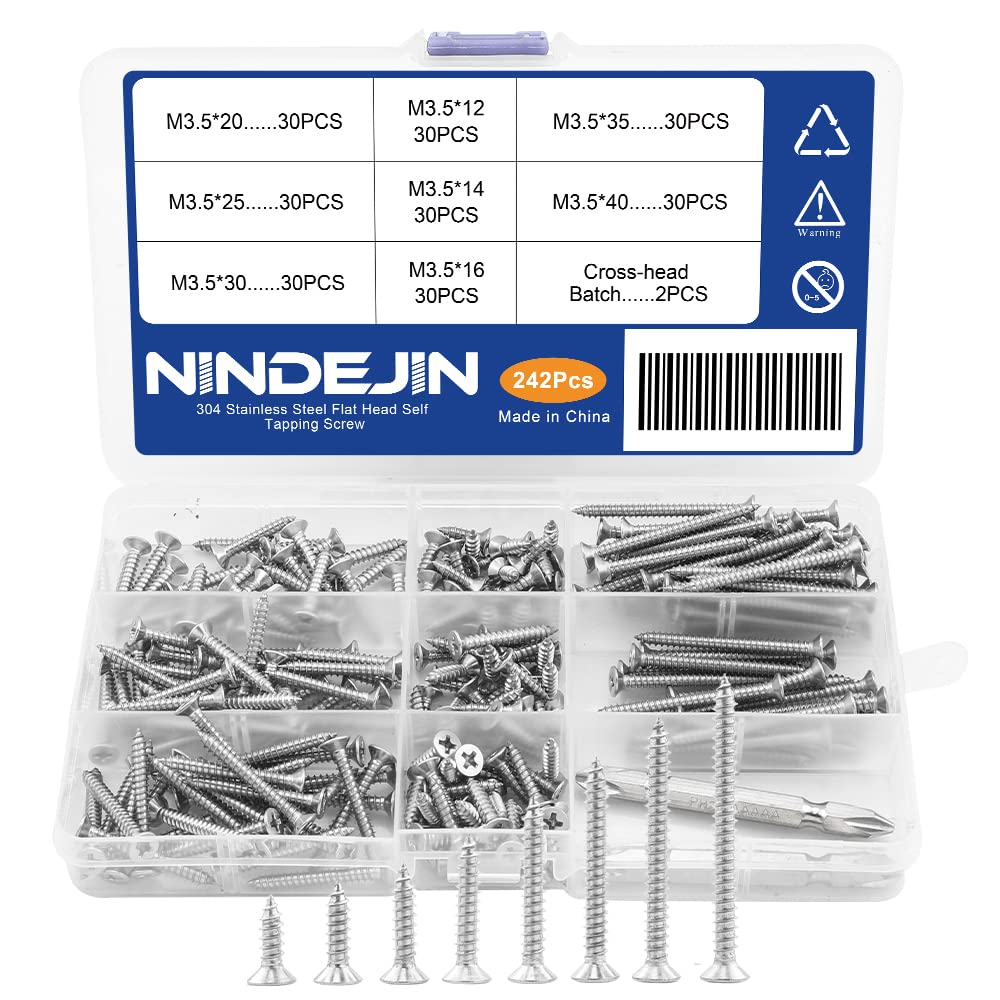 NINDEJIN 242Pcs M3.5 Flat Head Self-tapping Screws Set, 12mm/ 0.47’’ to 40mm/ 1.54’’ Phillips Wood Screws Assortment Kit, 304 Stainless Steel Countersunk Screws with Cross-Head Batch