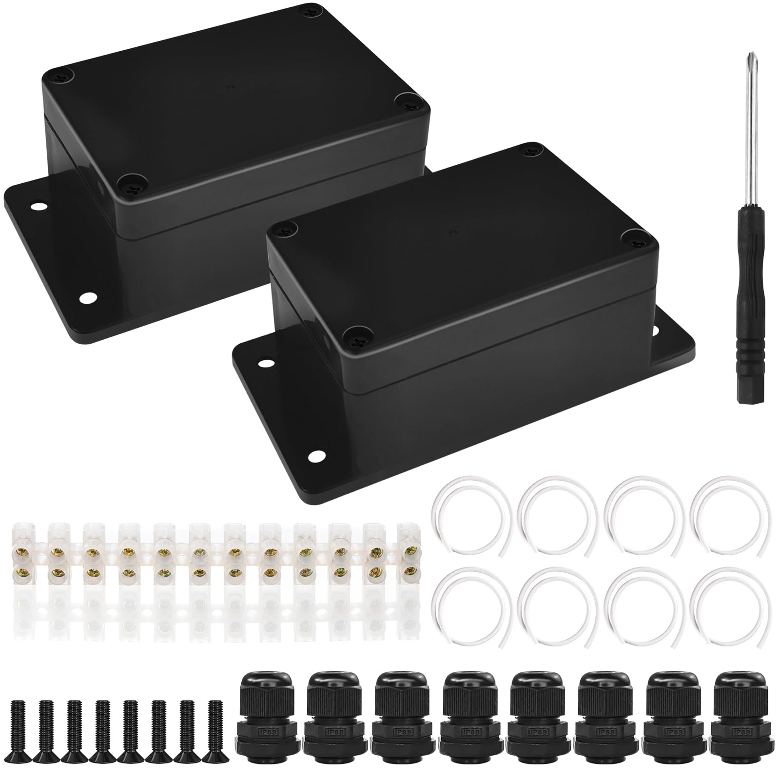 Celepoir 2 Pcs Black Waterproof Junction Box, Plastic IP65 Junction Box with Terminal Block & Cable Gland, Outdoor Electrical Junction Boxs, for Indoor & Outdoor Electrical Installations, 100x68x50mm