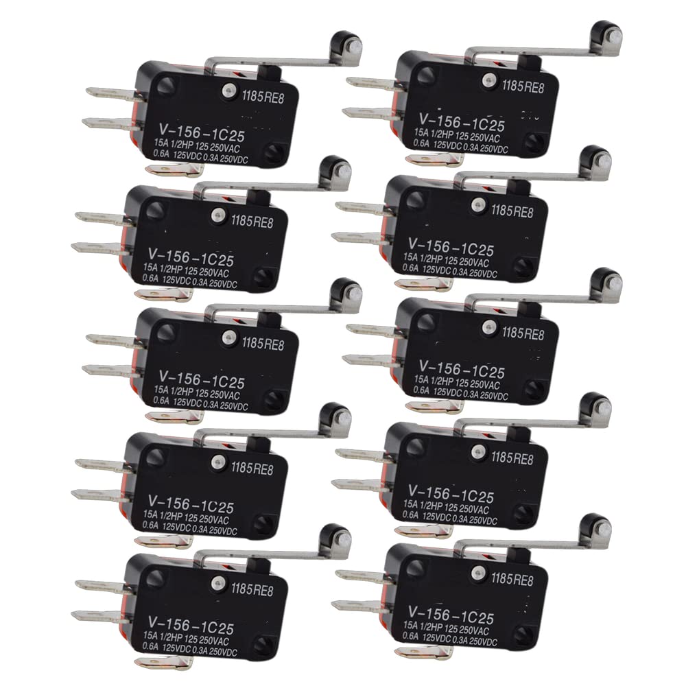 Fasizi 10pcs V-156-1C25 Micro Limit Switch with Long Hinge Roller Momentary SPDT Snap Action for Arduino